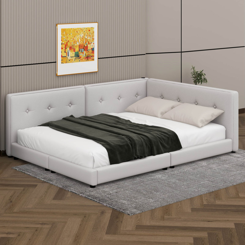 Upholstered Queen Size Platform Bed With USB Ports, Beige