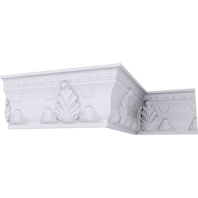 Endurathane Alexandria Acanthus Leaf and Ribbons Crown Moulding, 9 1/4"H x 3 3/4"P x 9 7/8"F x 94 1/2"L, Factory Primed