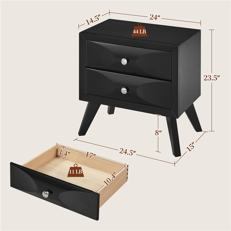 Klae Modern Vintage Solid Wood-Framed 2-Drawer Nightstand, Black