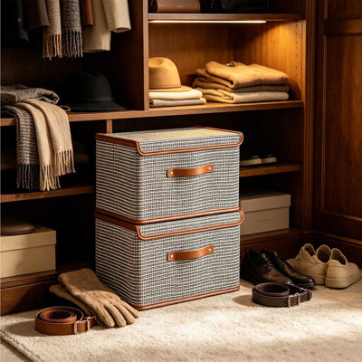 2 PCS Storage Bins with Lids, Collapsible Closet Organizer Container, Fabric Organizer Box with Handles, Decorative Storage Boxes with Lids for Organizing Clothes, Books, Light Grey