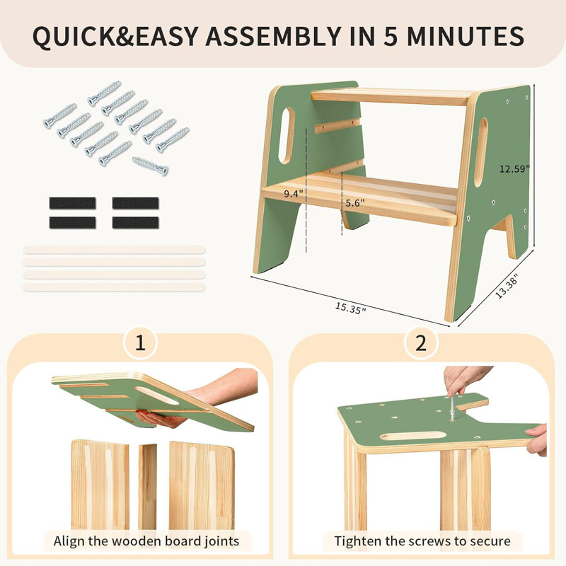 Escabeau en bois pour tout-petit à 3 hauteurs pour enfants avec poignées, Vert