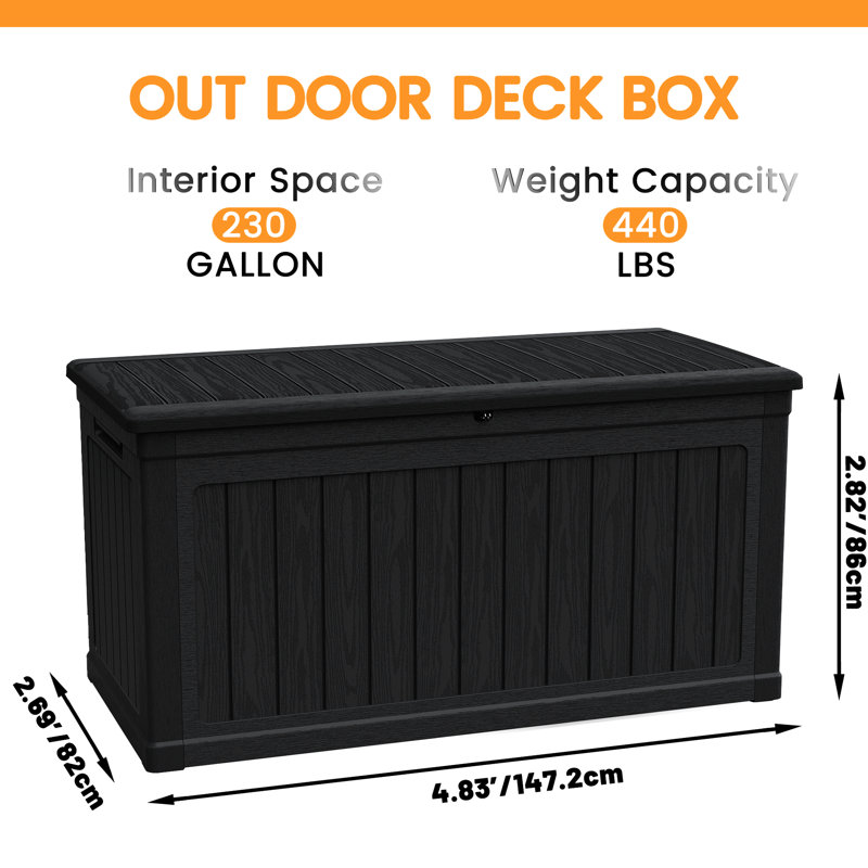 Xxl Deck Box Of 230 Gallon, Black Waterproof Resin Lockable, For Storing Sports/Pools Equipment And Outdoor Cushions, Double - Wall Design All Weather Protection, Easy Lift System, Suitable Indoor