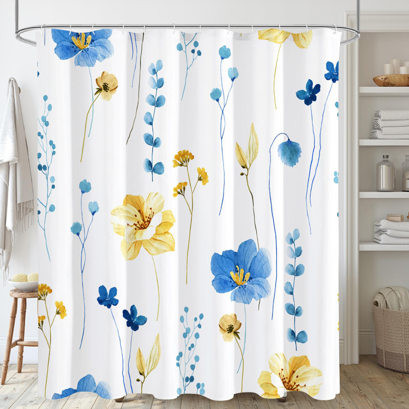 Blue and Yellow Floral Polyester Fabric Shower Curtain with Hooks