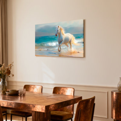 White Horse Running On Beach Canvas Wrapped Wall Art Oil Painting Print Set Of 1
