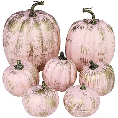 7 Pcs Assorted Artificial Gold Brushed Pink Pumpkins Rustic Decorative Foam Pumpkins For Fall Halloween Harvest Wedding Baby Shower Tabletop Centerpiece Mantel Kitchen Decoration