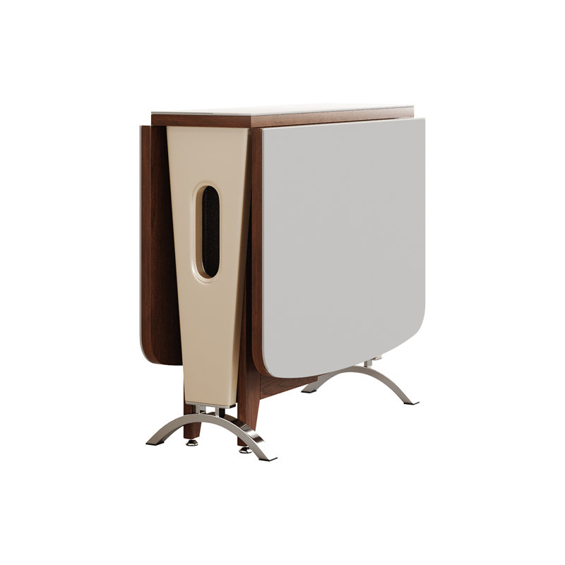 Table de salle à manger pliable en pierre blanche avec pieds couleur noyer, conception peu encombrante, entièrement assemblée