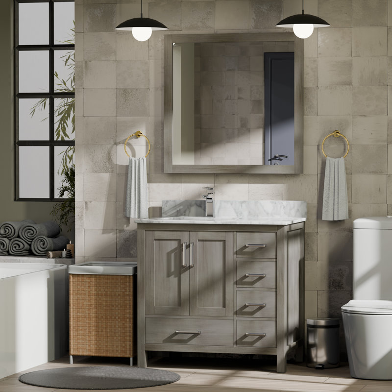 Ensemble de meuble-lavabo simple 36 po Jacques, Gris patiné, Marbre de Carrare blanc