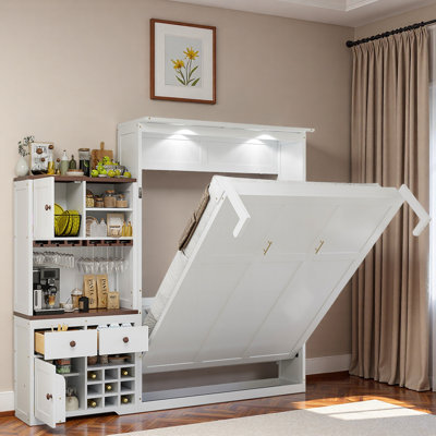 Lit escamotable avec armoire de rangement, support à vin, porte-verre, tiroirs et bande à DEL multicolore