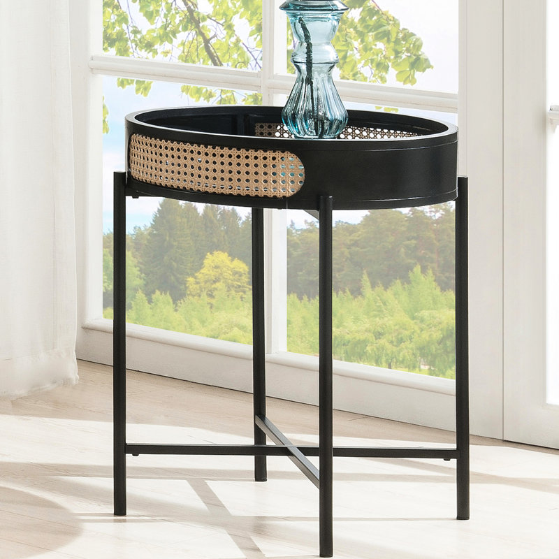 Table de bout ronde avec dessus ouvert, pieds en métal noir, insert et 1 espace de rangement, idéal pour les tables basses, 22 po x 22 po x 24 po, 17 lb