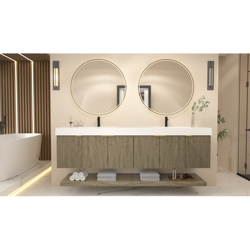 Ensemble de meuble-lavabo mural 84 po avec portes et tiroir intérieur Moreno Stella, Chêne blanc