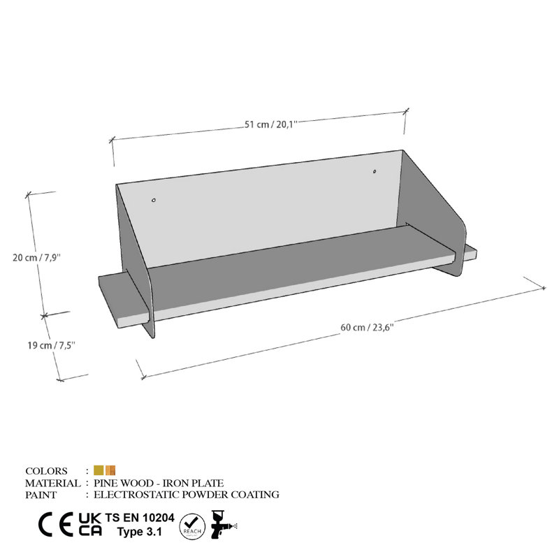 Tablette murale, H 7,87 po x l 23,62 po x P 7,48 po