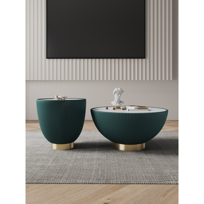 Anderson 2-Piece Modern Living Room Table Set with Vegan Leather Upholstered Stainless Steel Base and Sintered Stone Top in Green