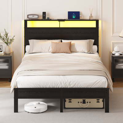 Bed Frame Industrial Platform Bed With Charging Station & LED Lights