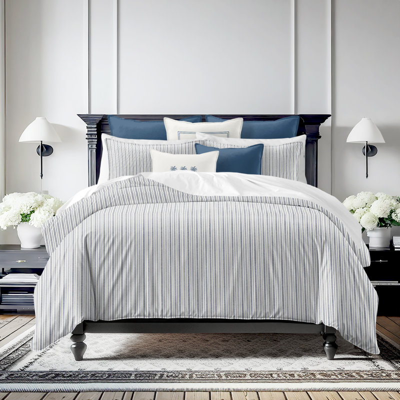 Pacific Stripe Reversible Cotton Duvet Cover Set, Denim, Queen Duvet Cover + 2 Queen Shams