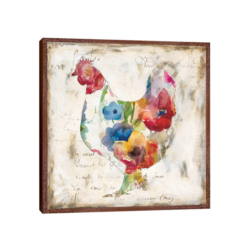 Flowered Hen by Carol Robinson - Painting on Canvas, 45.72 cm H x 45.72 cm W, Brown Floater Framed