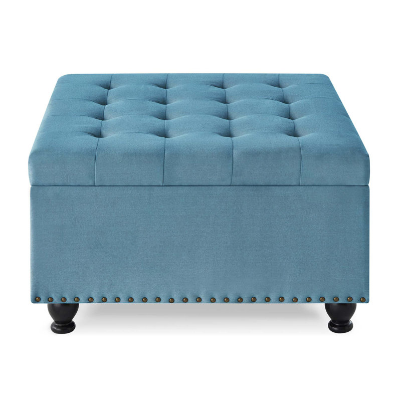 Large Square Storage Ottoman With Wooden Legs, Upholstered Button Tufted Coffee Table With Nail Trims, Light Blue