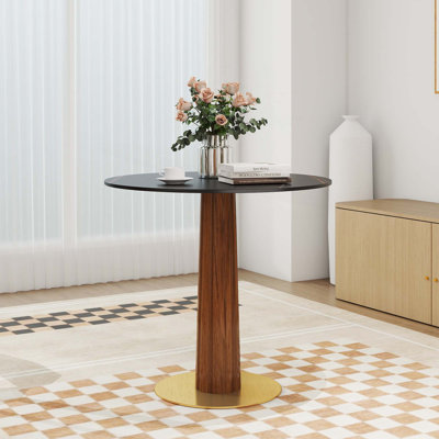 Table de salle à manger contemporaine en pierre frittée 33,5 "pour 2 personnes avec un pied piédestal rond en bois et une base dorée pour les petits espaces