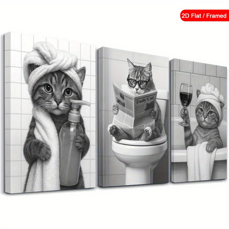 Impression sur toile 3 pièces pour salle de bain Chat, 18 x 12 pouces 3 pièces