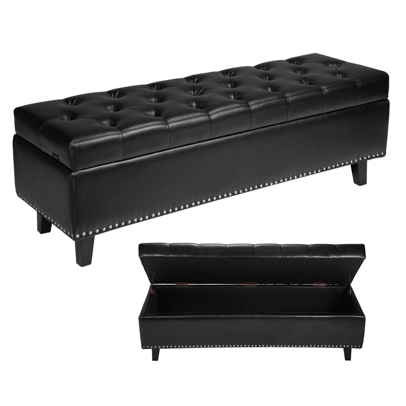 Banc avec repose-pieds capitonné et capitonné avec pieds en bois , Noir