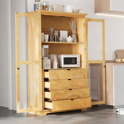 44.7X20x75inch Kitchen Pantry, Freestanding Kitchen Storage Cabinet Display Cabinet With Glass Doors And 4 Built-In Drawers For Living Room, Home Office, Natural