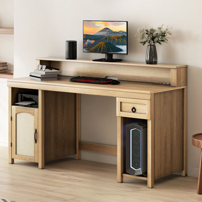  Farmhouse Computer Desk With LED Lights, Drawers, Monitor Stand And Power Outlets