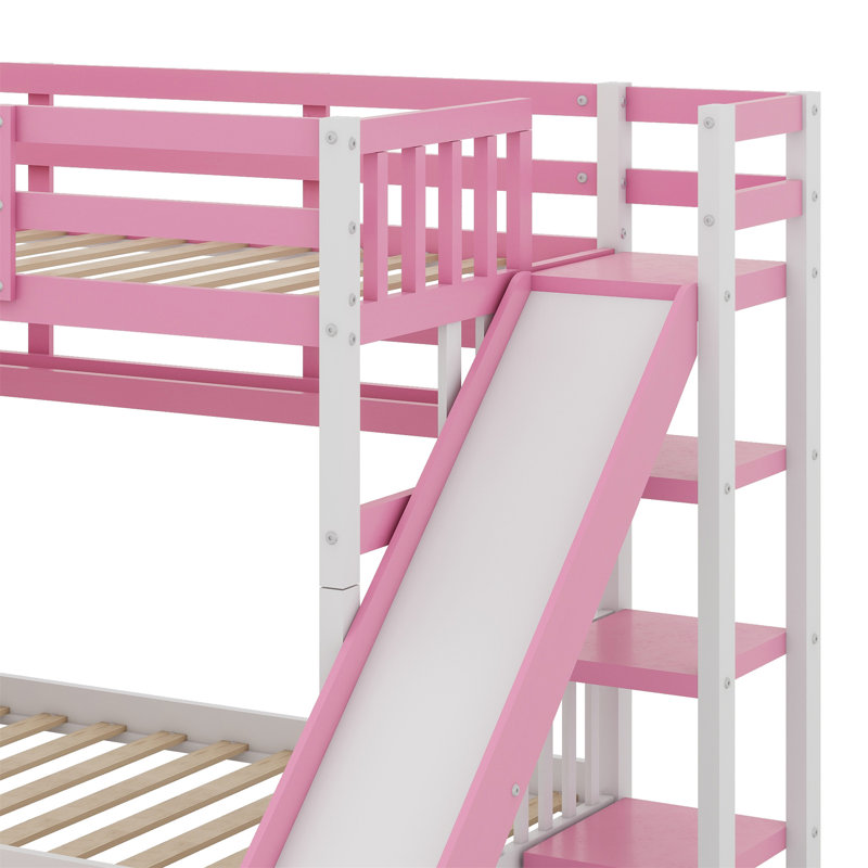 Lit superposé de style château avec 2 tiroirs, 3 tablettes et glissade, Pink