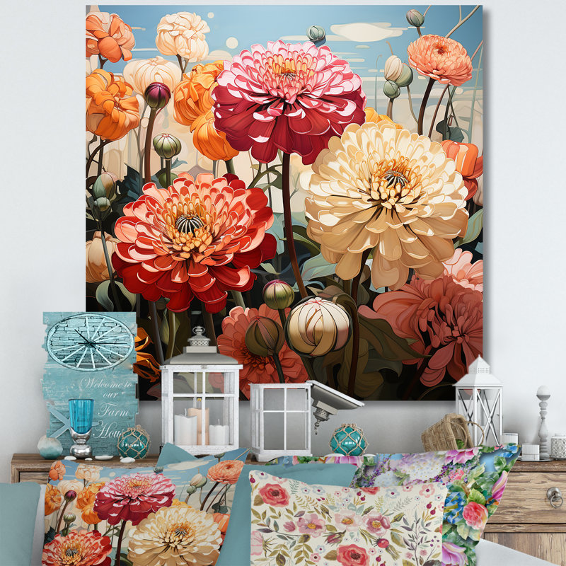 Zinnias avec leurs formes courbes I, reproduction sur toile, H 36 po x l 36 po x P 1,5 po, Toile tendue