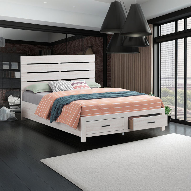 Lit plateforme avec tiroirs de rangement à tête et pied de lit à lattes, grand lit à panneau avec rangement, White