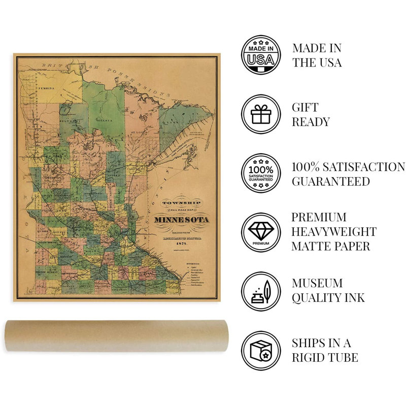 «1874 Minnesota Map», art mural, H 24 po x l 20 po x P 0,1 po