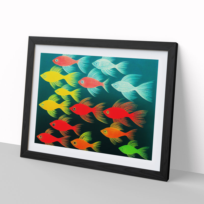 XH1022-6991X Pleasant Fish - Single Picture Frame Print, Black , 25cm H x 34cm W