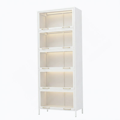 76.75" Tall Iron Display Cabinet With Glass Doors And LED Lighting For Collectibles, Modern 5-Tier Barrister Bookcase.