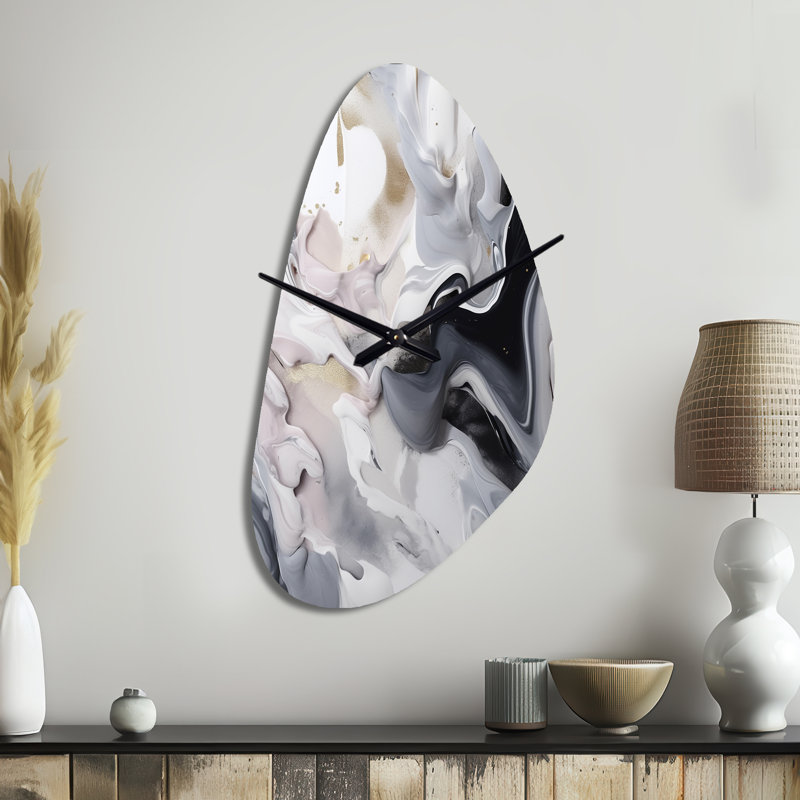 White And Grey Captivating Marble II - Marble Unique Shape Metal Wall Clock, White Asymmetrical Clock Print, Medium