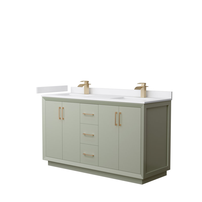 Ensemble de meuble-lavabo double 60 po Strada, Bronze satiné, Vert clair, Marbre de culture blanc