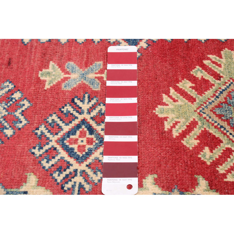 Tapis rouge en laine noué à la main de conception unique 5 pi x 6 pi 7 po New Age