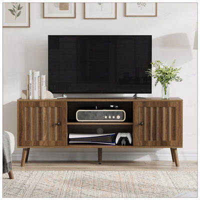 Meuble télé 55 po Mid-Century en bois moderne avec tablettes réglables et passe-câbles