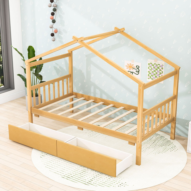 Lit simple en bois avec tiroirs, Naturel