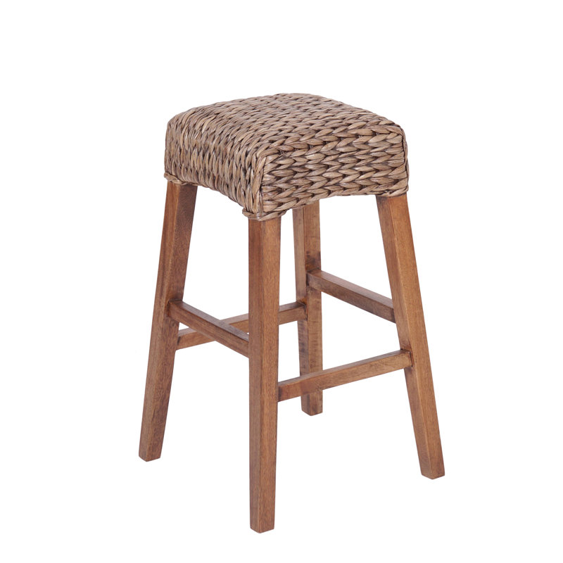 Maui Coastal 30" Woven Water Hyacinth Backless Bar Stool, Solid Mango Wood Frame with Integrated Footrest for Kitchen Island, Brown Wash