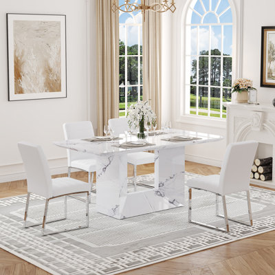 63'' Rectangular Dining Table Set For 4â€“6 With PU Leather Chairs And O-Shaped Base