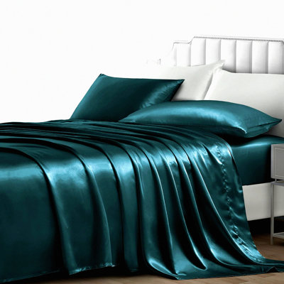 Cooling Teal Silky Sheet Set - 4 Piece Queen Bed Sheets with Extra Soft Fitted Sheet, Flat Sheet, and Pillowcases for a Luxurious Sleep Experience