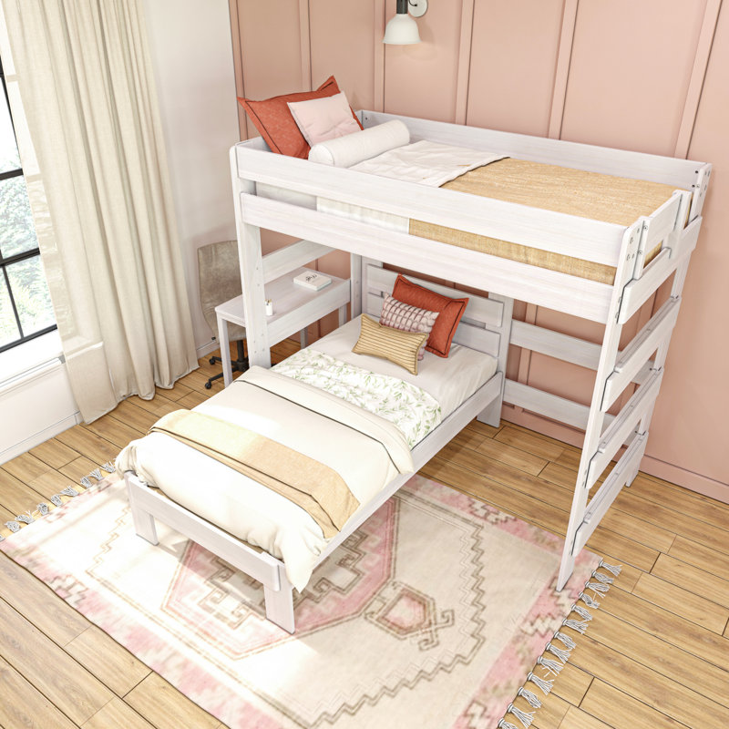  Doyle Solid Wood L-Shaped Bunk Bed with Desk, White Wash, Twin