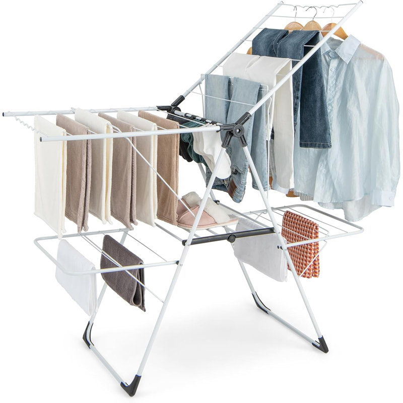 Séchoir à linge, séchoir à linge pliable en acier inoxydable à 2 niveaux avec hauteur réglable à 6 niveaux, pinces utiles, séchoir à linge pliant autoportant et pliable