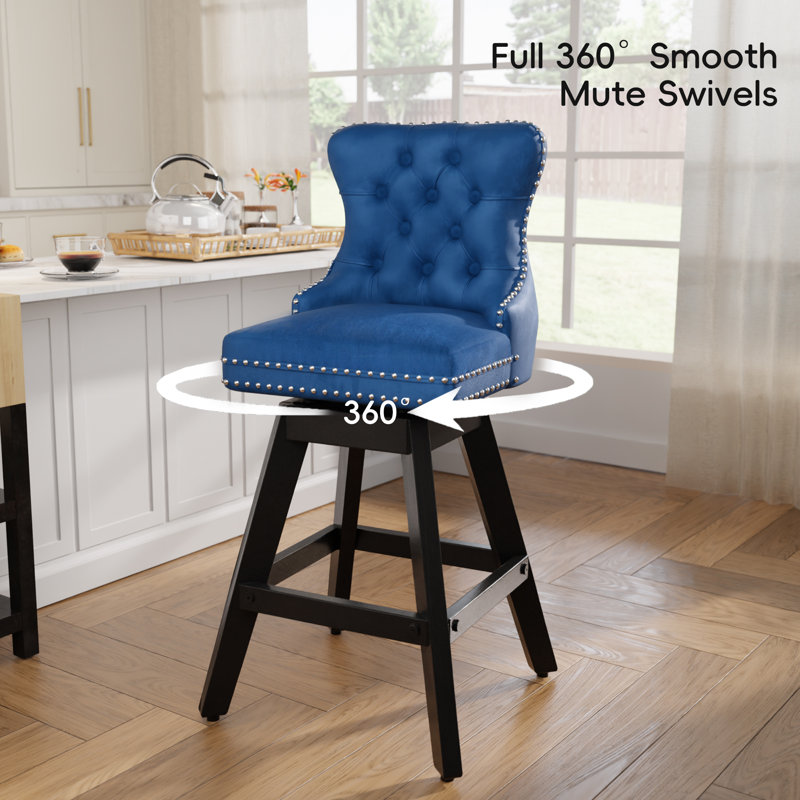 Velvet Swivel Tufted Wooden Barstools Set of 4, Blue