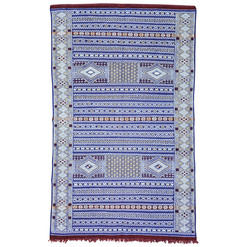 Tapis unique en laine noué à la main de 4 pi x 6 pi 3 po bleu / rouge / blanc / ivoire