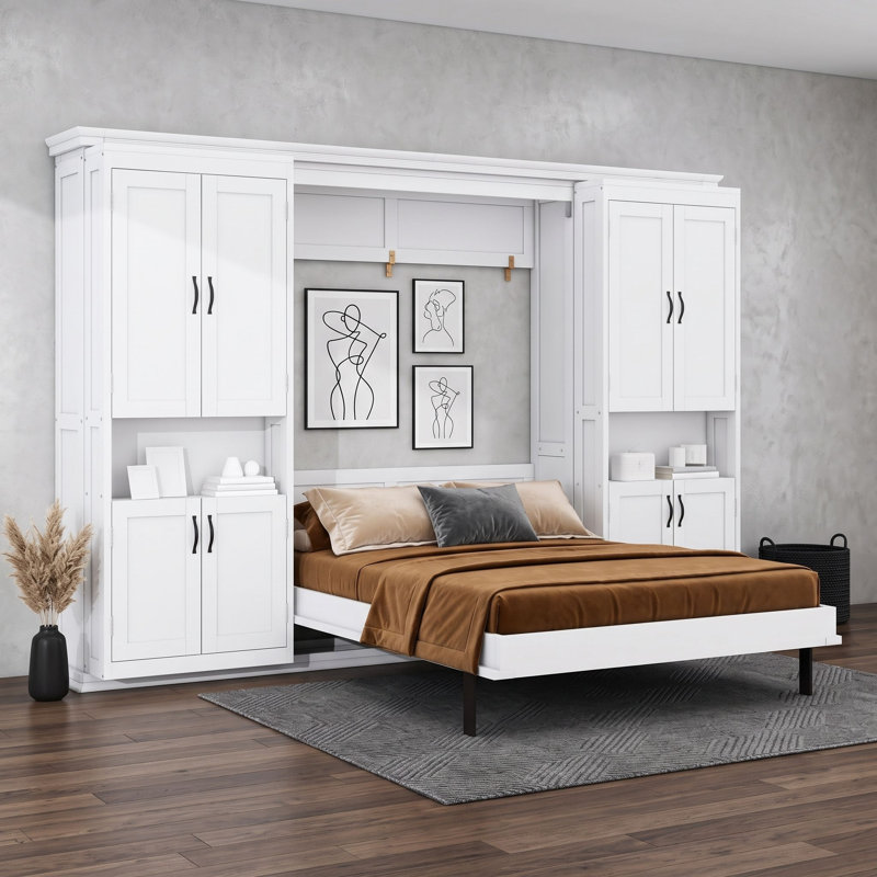 Lit escamotable double en bois avec tablettes, armoires et lattes, Blanc