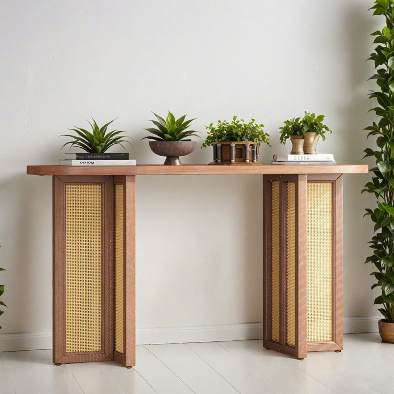 Table d'entrée 47,82 po Farmhouse Rattan Console, Bois naturel délavé