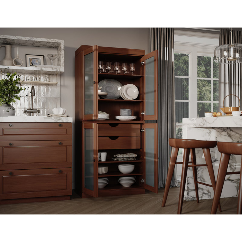 Garde-manger 100% bois massif 32 po avec portes en verre givré et 2 tiroirs, Moka