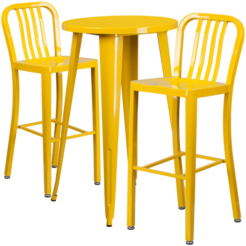 Drumfane 30'' Round Metal Indoor-Outdoor Bar Table Set with 2 Vertical Slat Back Stools, Yellow, 24'' x 24'' x 41''