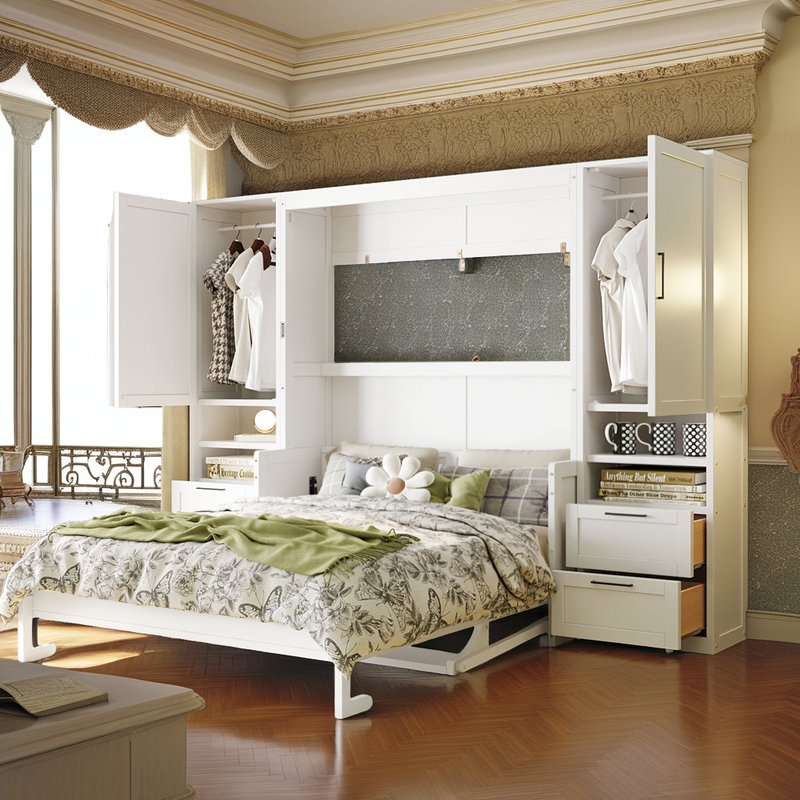 Grand lit escamotable Sereno avec garde-robe, tiroirs et tablette supérieure, lit escamotable avec armoire rabattable, Blanc