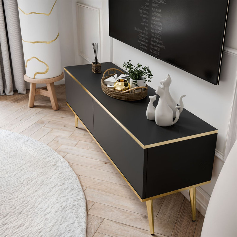 OXFORD III TV Stand with Golden Legs, 53cm H x 135cm L x 32cm W, Black