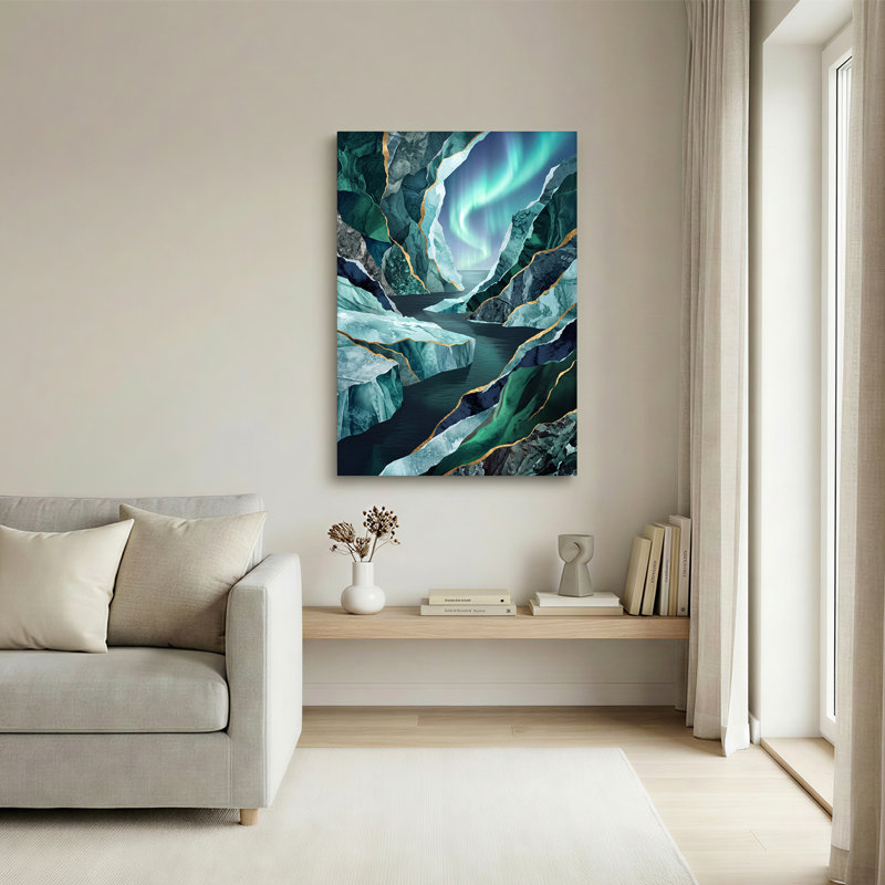 Art mural sur toile Northern Lights Over Teal, 18"H x 12"W